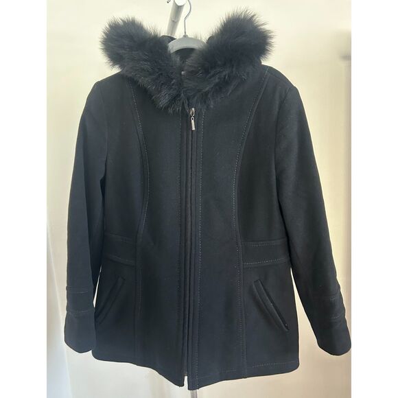 Sachi Women Jacket Virgin Cashmere Wool Fur Fox Hooded Coat Penny Lane M Black